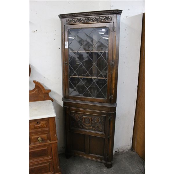 Carved Mahogany Leaded Glass Door Corner Cabinet