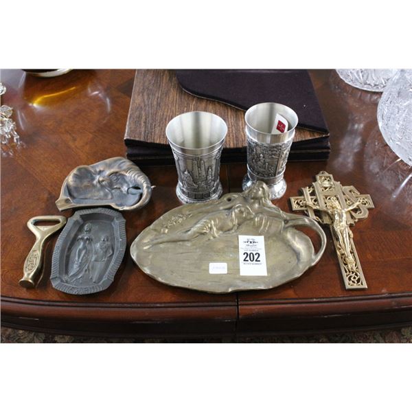 Cast Elephant, African Ashtrays, Goblets, Figural Brass Dish, Cross