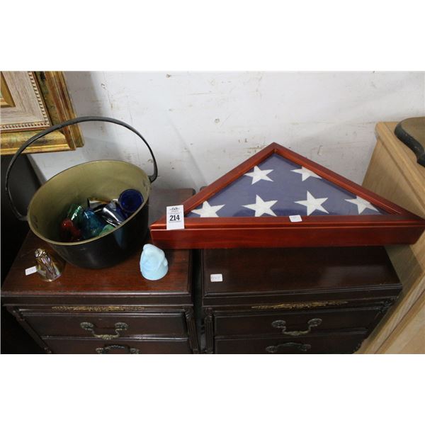 Art Glass Nude Bottle Caps w/Metal Bucket, Memorial US Flag Case