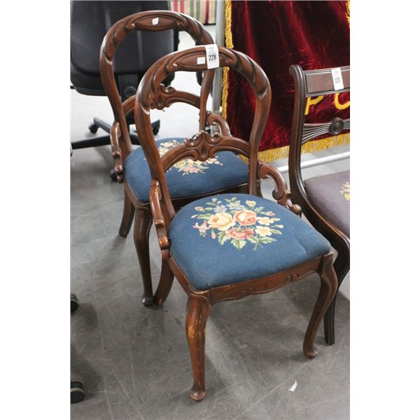 Carved Mahogany Queen Anne Chairs w/Needlepoint Seats