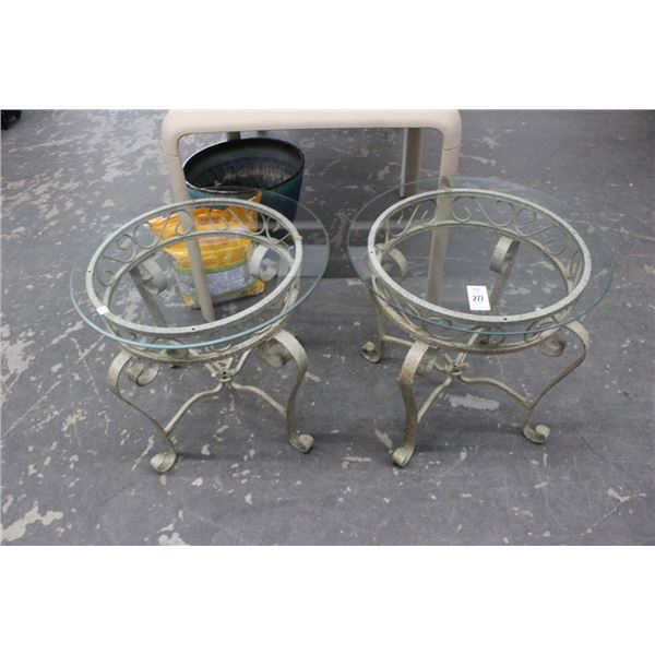 Ornate Metal Glass Top Round End Tables - Pair