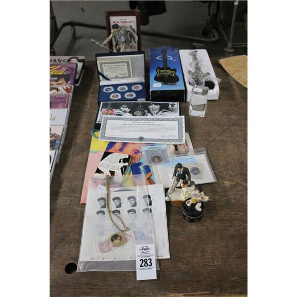 Asst. Elvis Presley Memorabilia w/Figurines, Necklace, Photos, Guitar Miniature,