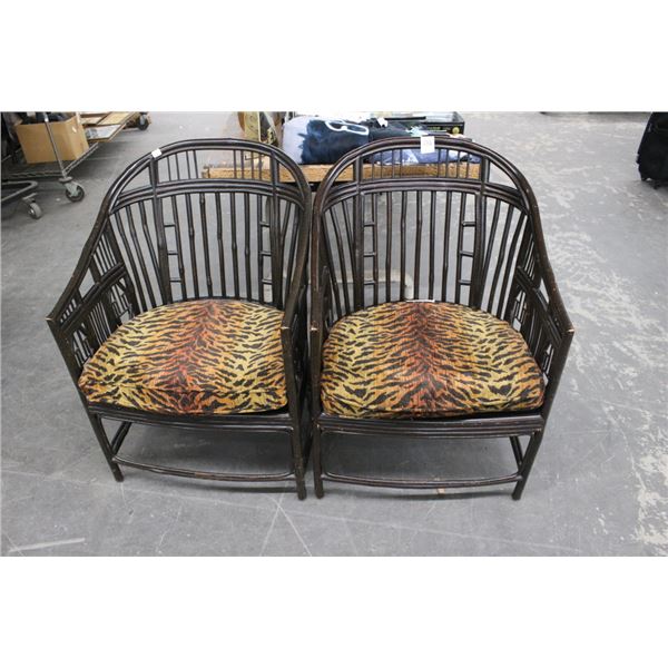 Dark Rattan Padded Armchairs - Pair