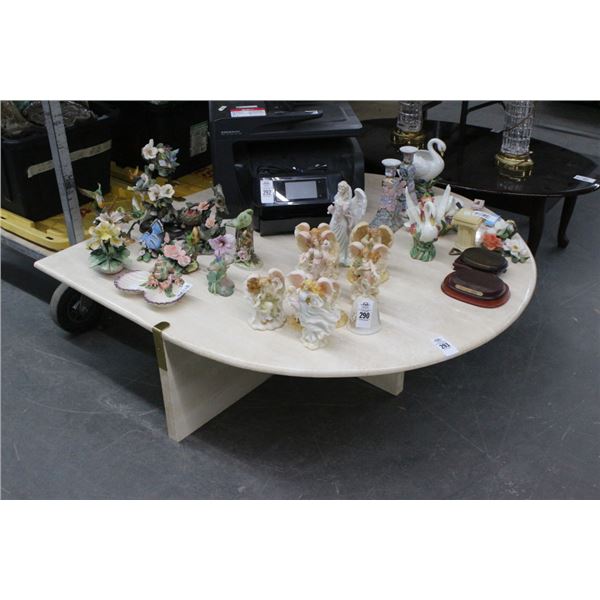 Large Beige Marble Tear Drop Coffee Table w/Brass Trim