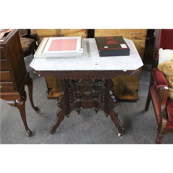Carved Mahogany Mission Marble Top Rolling Table