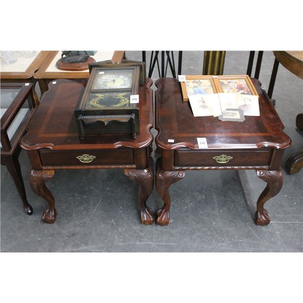 Mahogany Ball In Claw Brass Trim End Tables - Pair