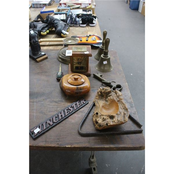 Vintage US Postal Coin Bank, Brass Pedestal, Bells, Skeleton Key, Winchester Label