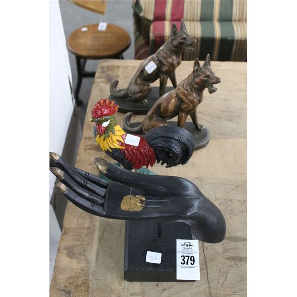 Cast Rooster Door Stop, Cast German Sheppard Bookends, African Carved Hand
