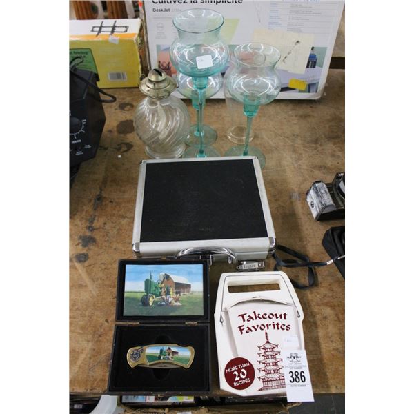 John Deere Pocket Knife, Recipe Book, Candlestems, Lamp Base