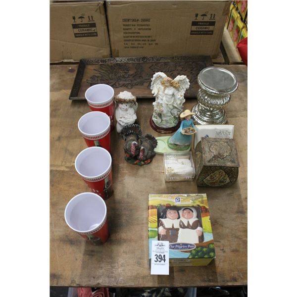 Carved Wooden Tray, Pilgrim Napkin Holder, Coke Cups, Asst. Décor