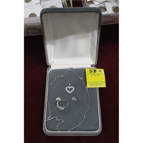Silver Heart Pendant w/Necklace, Earrings, Ring Set 8.4g
