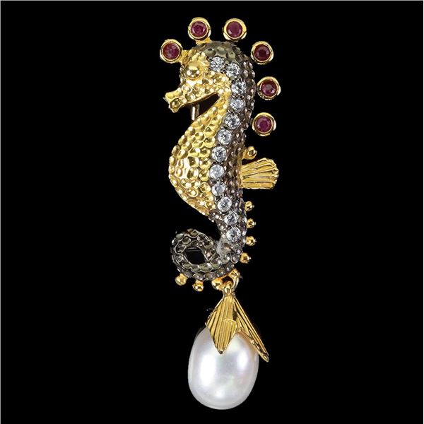 Natural Pearl & Burma Ruby SeaHorse Pendant