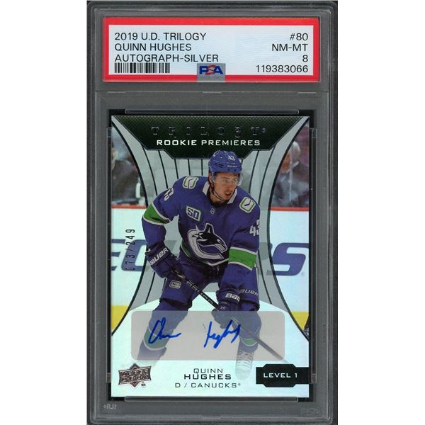 2019-20 Upper Deck Trilogy Quinn Hughes Rookie Silver Autograph #73/249 - PSA 8