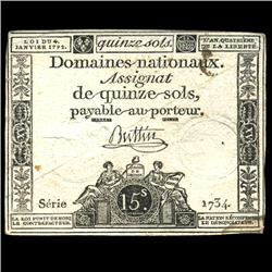 1792 France RARE 15 Sols Assignat Currency AU+ (CUR-05883)