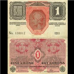 1919 Austria 1 Krone German Occupation Note Hi Grade WW1 (CUR-06120)