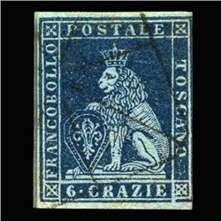 1851 RARE Italy Tuscany 6cr Postal Stamp Hi Grade (STM-0165)