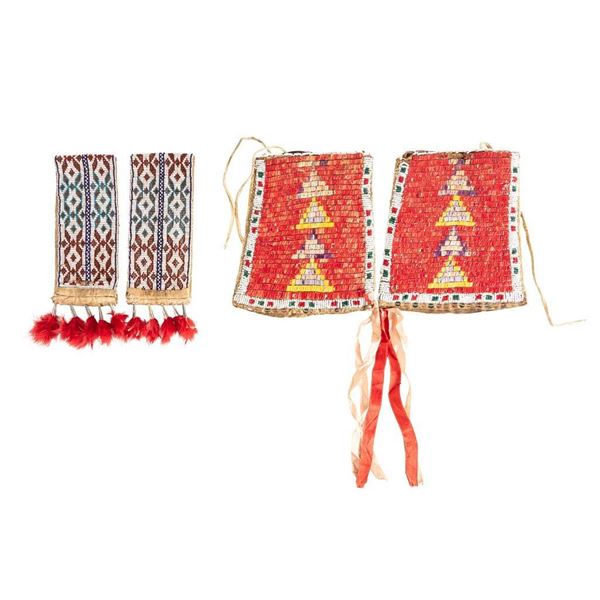 Sioux Quilled and Beaded Man's Cuffs and Loom Beaded Garter Set,
