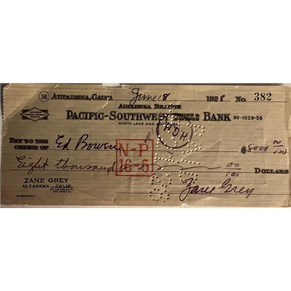 Zane Grey signed check dated 1928