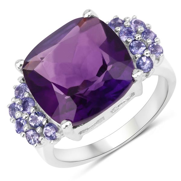 Plated Rhodium 5.85ct Amethyst and Tanzanite Ring