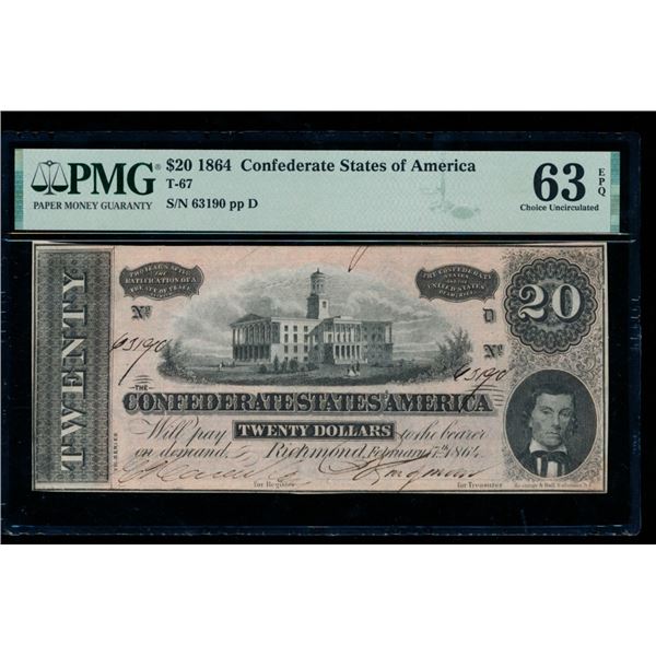 1864 $20 T-67 Confederate PMG 63EPQ