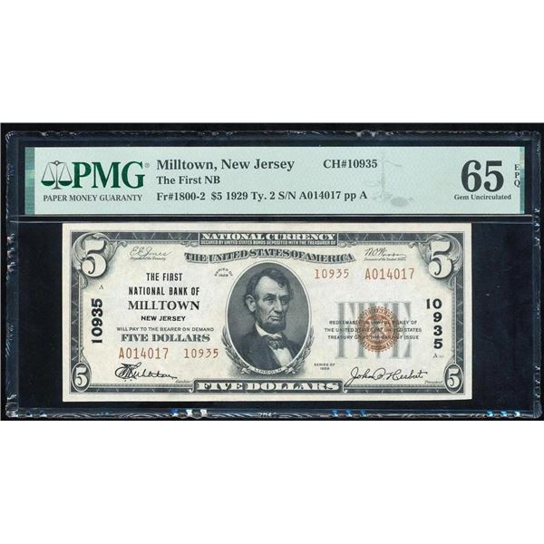 1929 $5 Milltown NJ National PMG 65EPQ