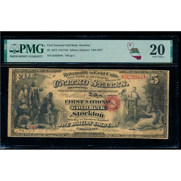 1873 $5 First National Bank Stockton PMG 20