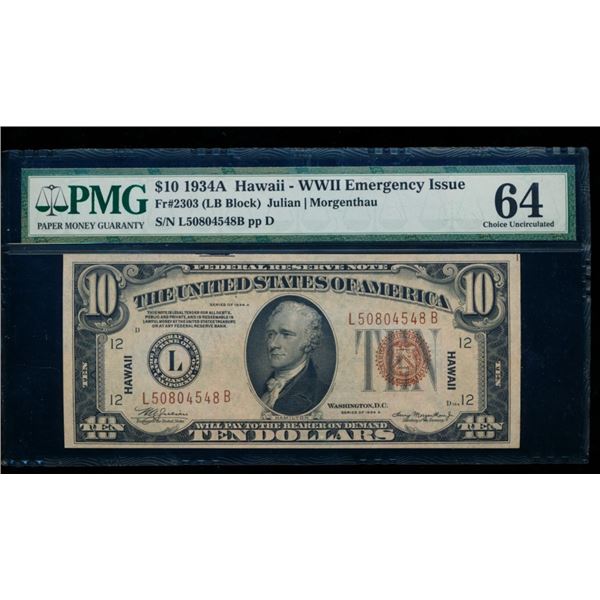 1934A $10 Hawaii FRN PMG 64