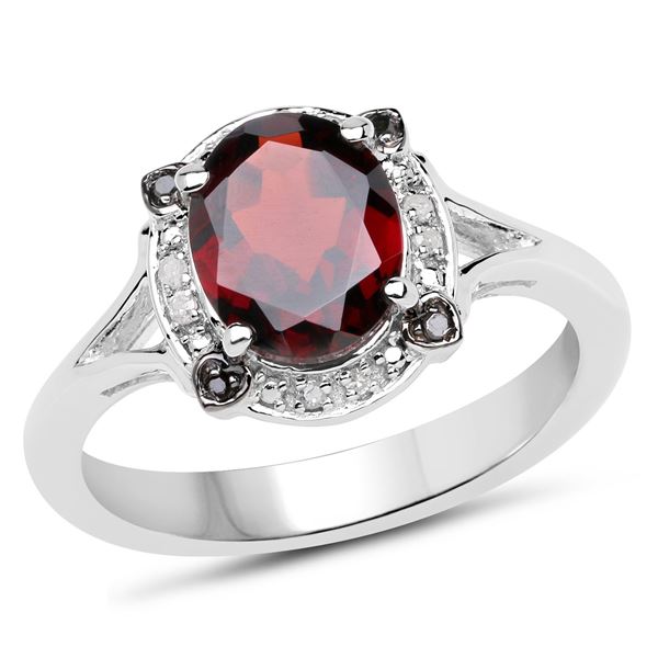Sterling Silver 2.05ctw Garnet, Black and White Diamond Ring