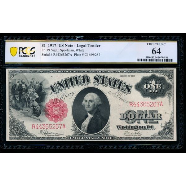 1917 $1 Legal Tender Note PCGS 64