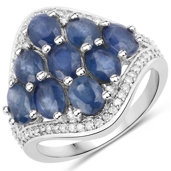 Rhodium Plated 3.40ctw Blue Sapphire and Diamond Ring
