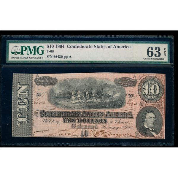 1864 $10 T-68 Confederate PMG 63EPQ