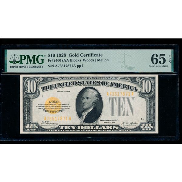1928 $10 Gold Certificate PMG 65EPQ