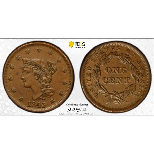 1843 Braided Hair Cent PCGS AU55BN