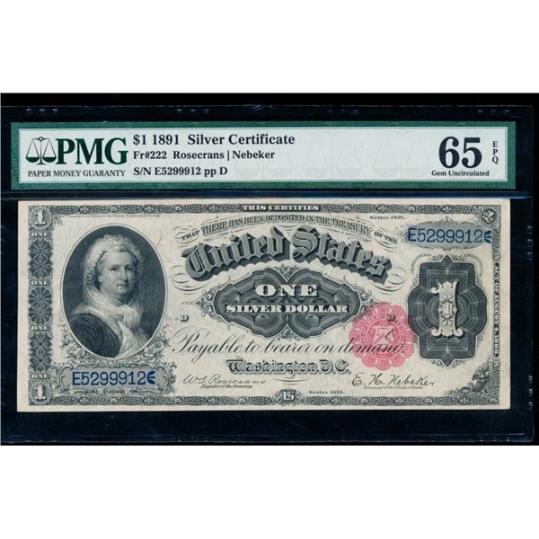 1891 $1 Martha Washington Silver Certificate PMG 65EPQ