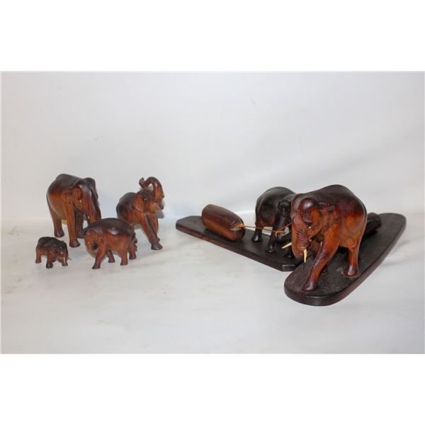 6 WOOD CARVED ELEPHANTS (SOME DAMAGE)