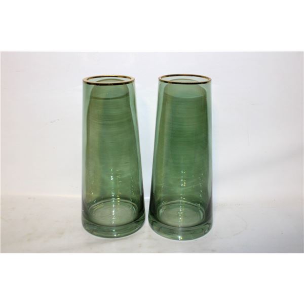 2 NEW GREEN GLASS VASES WITH GOLD RIMS