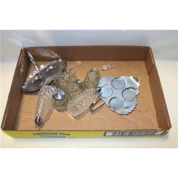 VINTAGE SALT & PEPPER SHAKERS ON METAL LEAF TRAY