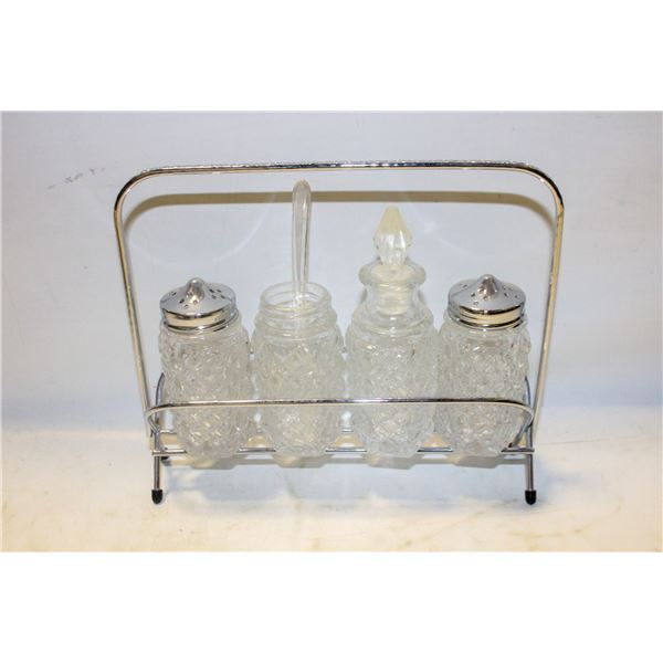 VINTAGE SALT & PEPPER SHAKERS ON METAL CADDY