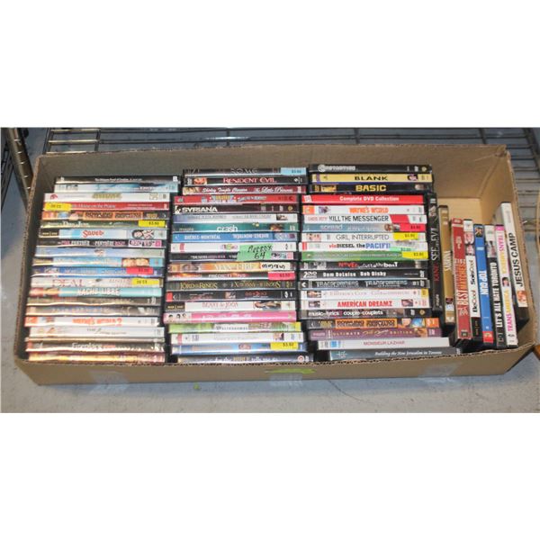 DVD'S ASSORTED APPROXIMATELY 64 IN BOX