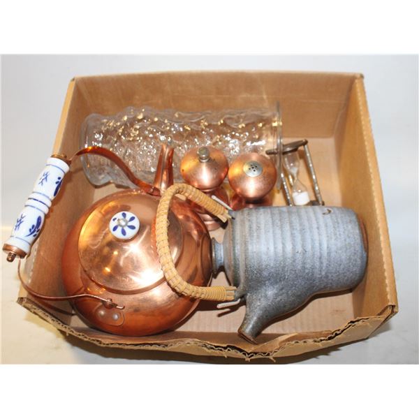 COPPER AND STONE TEA POT PLUS VINTAGE BRASS