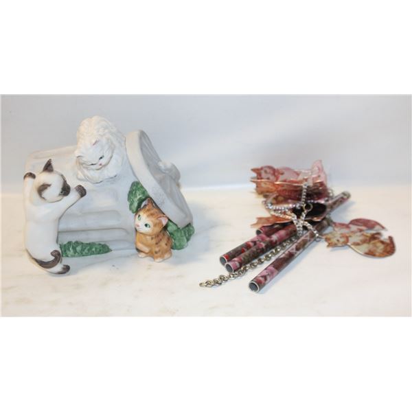 CERAMIC CAT MUSIC BOX WITH CAT WIND CHIME