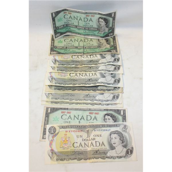 12 OLDER $1 CANADIAN BILLS - 2 TYPES