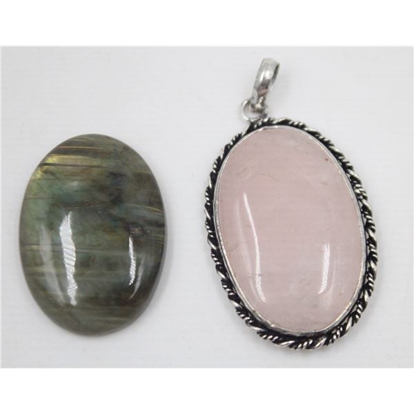 #244-NATURAL LABRADORITE STONE & ROSE QZ PENDANT