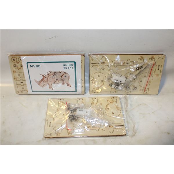 3 X RHINO WOODEN MODEL SETS WITH MOVING PARTS