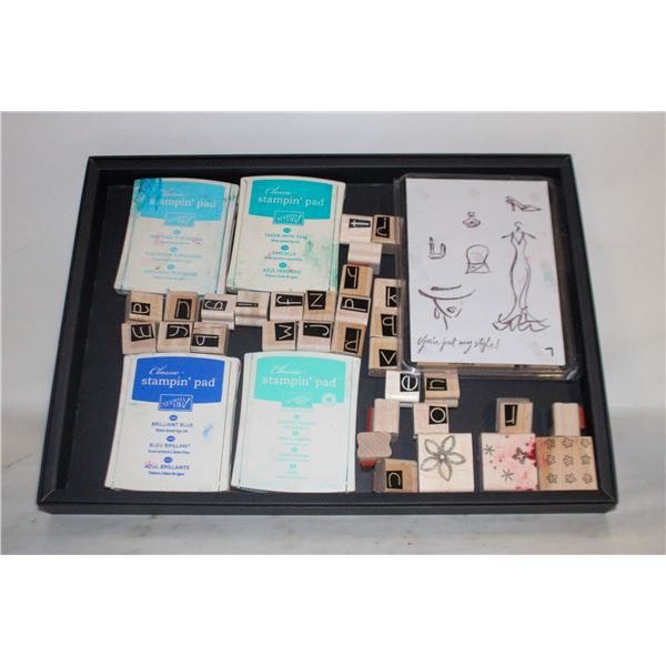 LOT OF INK PADS AND STAMPS