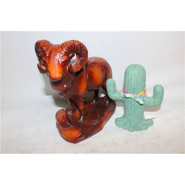 WOODEN RAM STATUE + GREEN CERAMIC
