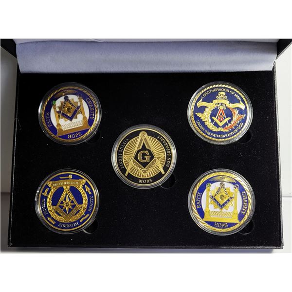 13)  SET OF 5 FREEMASONS TOKENS IN DISPLAY