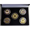 Image 1 : 13)  SET OF 5 FREEMASONS TOKENS IN DISPLAY