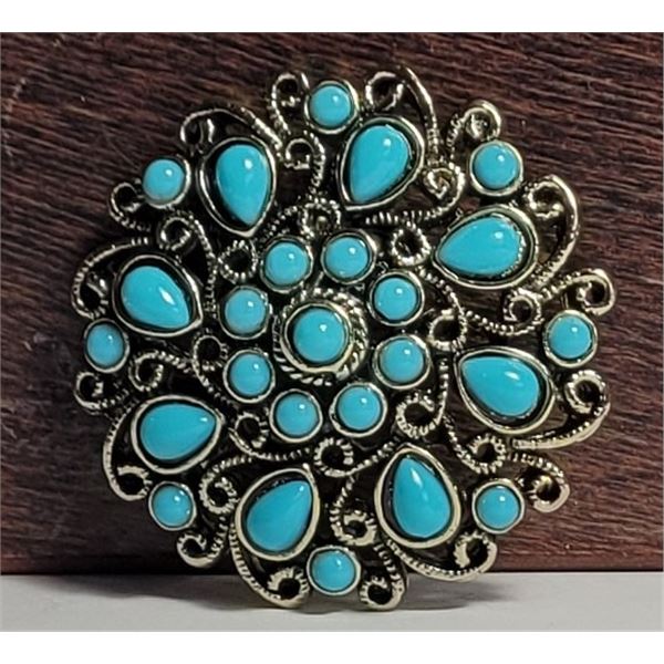15)  SILVER TONE WITH TURQUOISE ROUND
