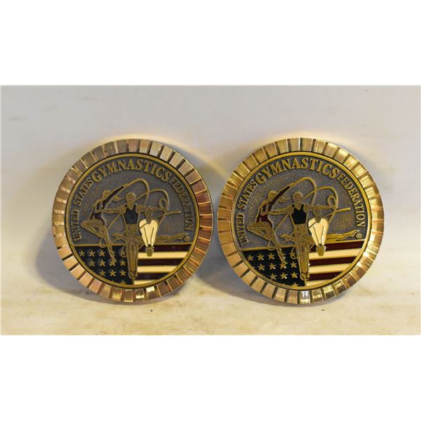 1984 BRASS/ENAMEL GYMNASTICS COASTERS (2)